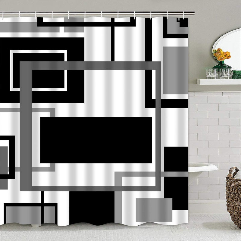Yddsky 4 Pcs Black Geometric Shower Curtain Sets Non-Slip Bath Rugs  Toilet Cover  U-Shaped Mat  Abstract Geometric Modern Shower Curtain with 12 Hooks - Image 2
